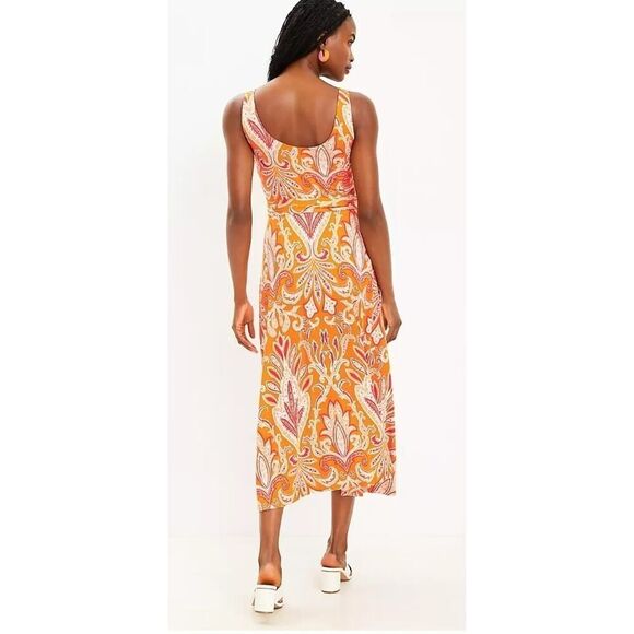 Loft Paisley Tie Waist Midi Dress Sleeveless Calypso Orange, Spring Beachy | L - Picture 6 of 14